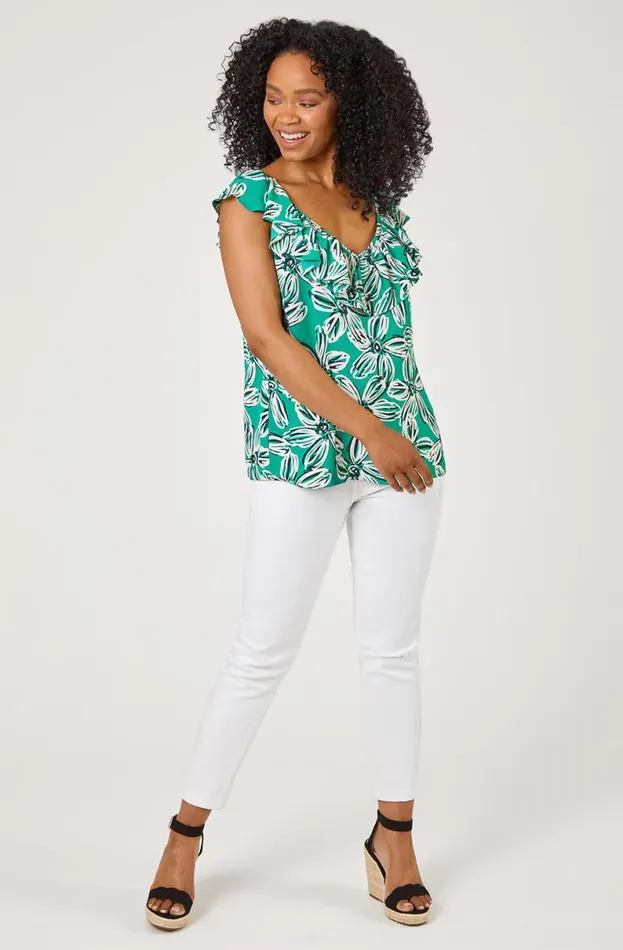 Green Petite Floral Print Frill Detail Top Women Roman Tops