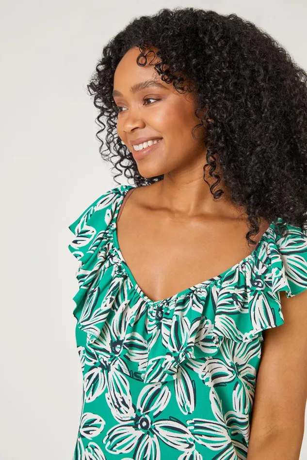 Green Petite Floral Print Frill Detail Top Women Roman Tops