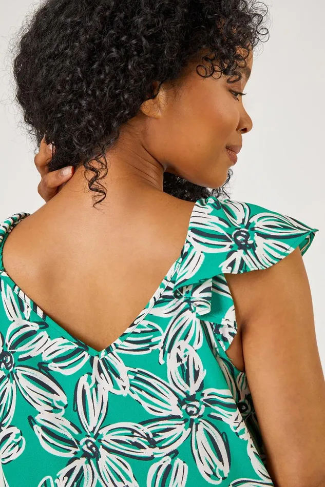 Green Petite Floral Print Frill Detail Top Women Roman Tops