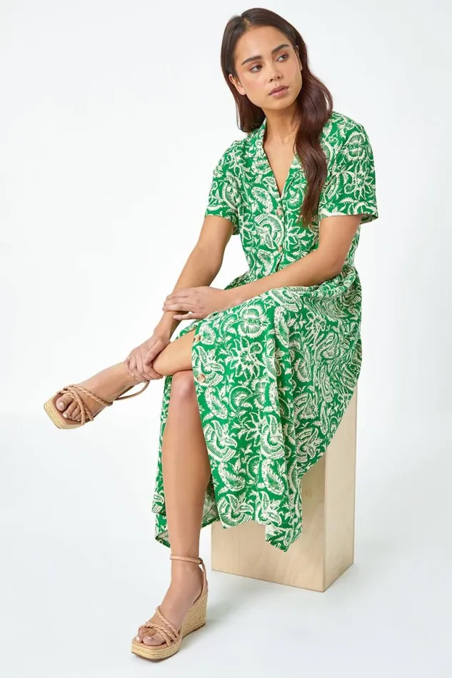 Green Petite Floral Print Midi Tea Dress Women Roman Dresses