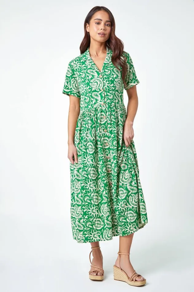 Green Petite Floral Print Midi Tea Dress Women Roman Dresses