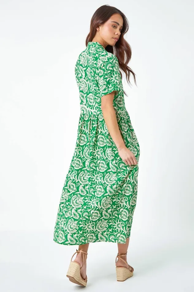 Green Petite Floral Print Midi Tea Dress Women Roman Dresses