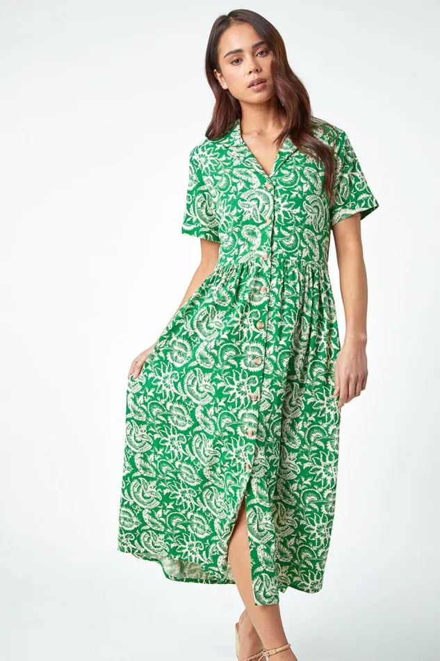 Green Petite Floral Print Midi Tea Dress Women Roman Dresses