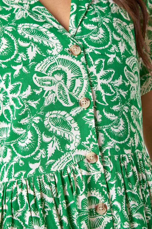Green Petite Floral Print Midi Tea Dress Women Roman Dresses