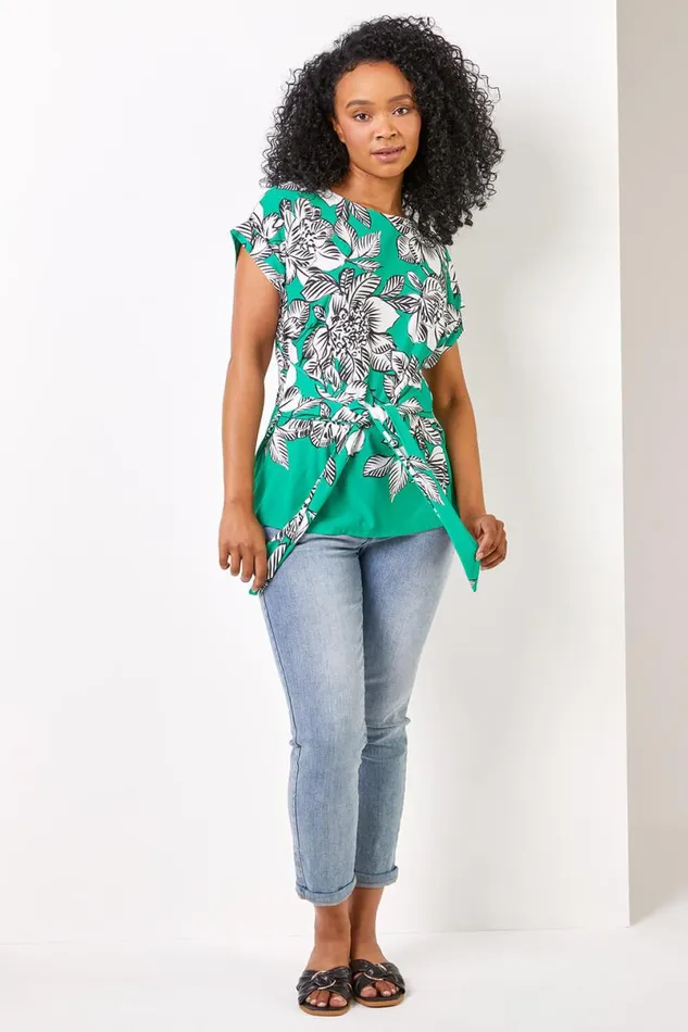 Green Petite Floral Print Waist Tie Top Women Roman Tops