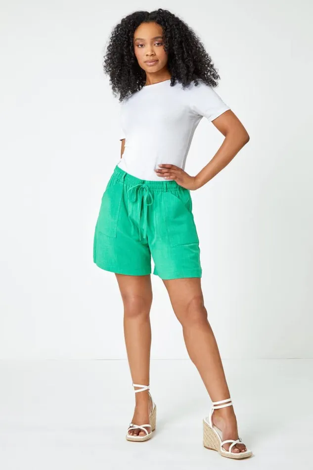 Green Petite Linen Blend Drawstring Shorts Women Roman Shorts
