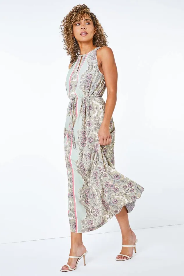 Green Petite Paisley Halterneck Maxi Dress Women Roman Dresses
