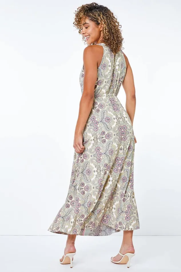 Green Petite Paisley Halterneck Maxi Dress Women Roman Dresses