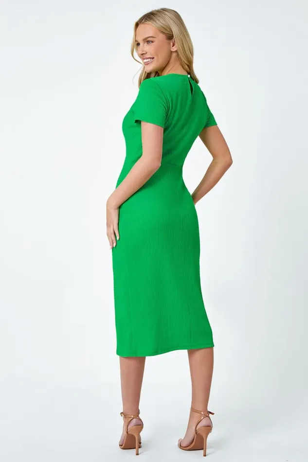 Green Petite Textured Midi Stretch Dress Women Roman Dresses