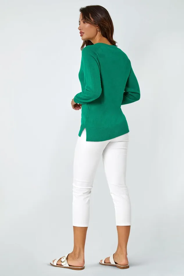 Green Plain Soft Crew Neck Jumper Women Roman Knitwear