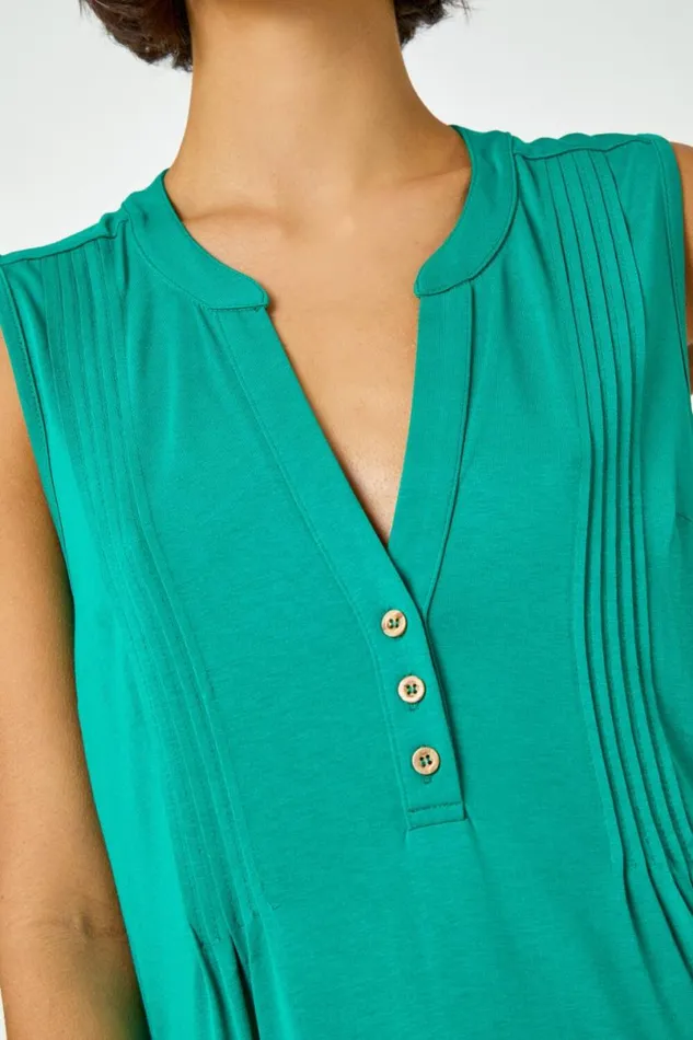 Green Sleeveless VNeck Button Detail Vest Women Roman Tops