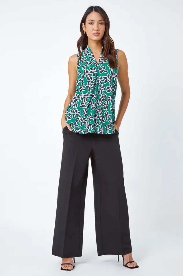 Green Sleeveless VNeck Floral Print Stretch Top Women Roman Tops