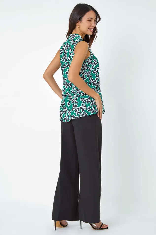 Green Sleeveless VNeck Floral Print Stretch Top Women Roman Tops