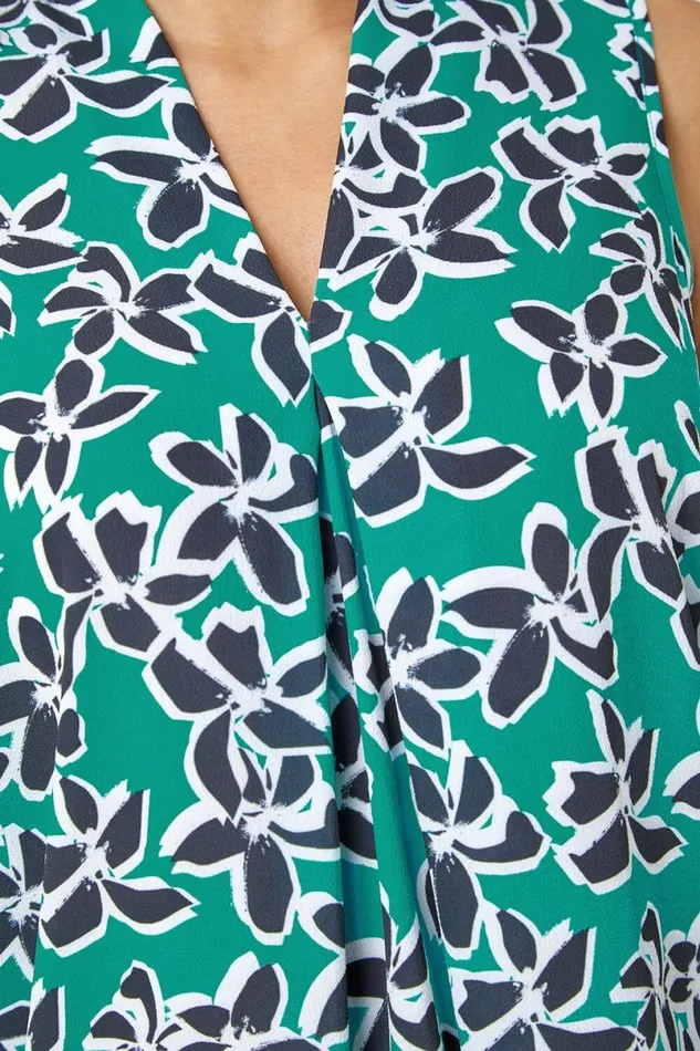 Green Sleeveless VNeck Floral Print Stretch Top Women Roman Tops