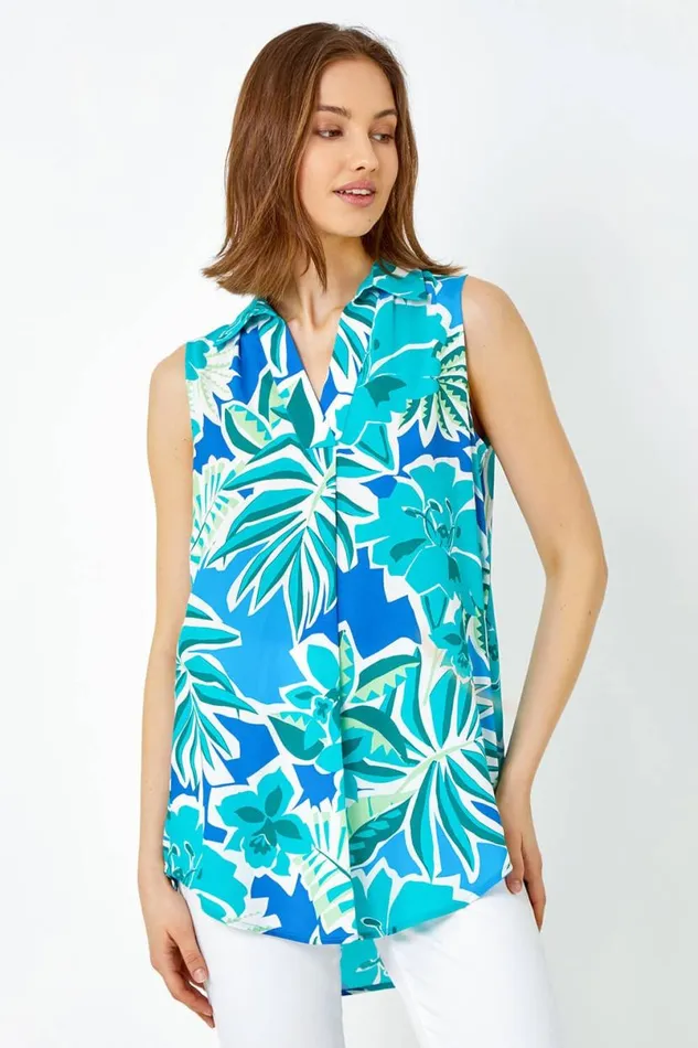 Green Sleeveless VNeck Tropical Print Overshirt Women Roman Tops