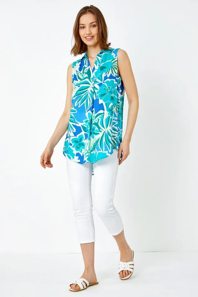 Green Sleeveless VNeck Tropical Print Overshirt Women Roman Tops