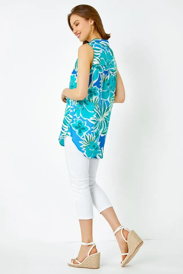 Green Sleeveless VNeck Tropical Print Overshirt Women Roman Tops