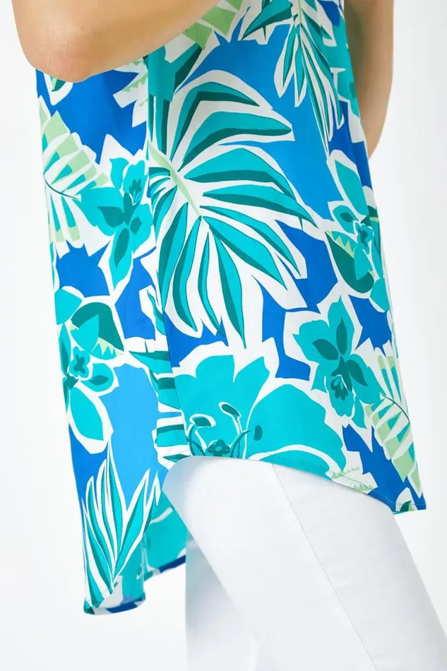 Green Sleeveless VNeck Tropical Print Overshirt Women Roman Tops