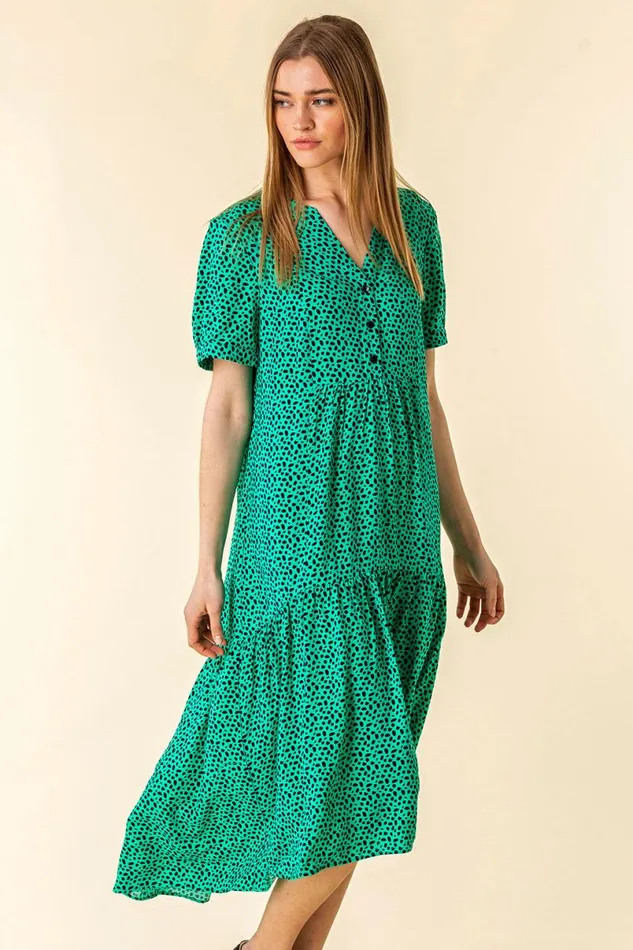 Green Spot Print Tiered Midi Dress Women Roman Dresses