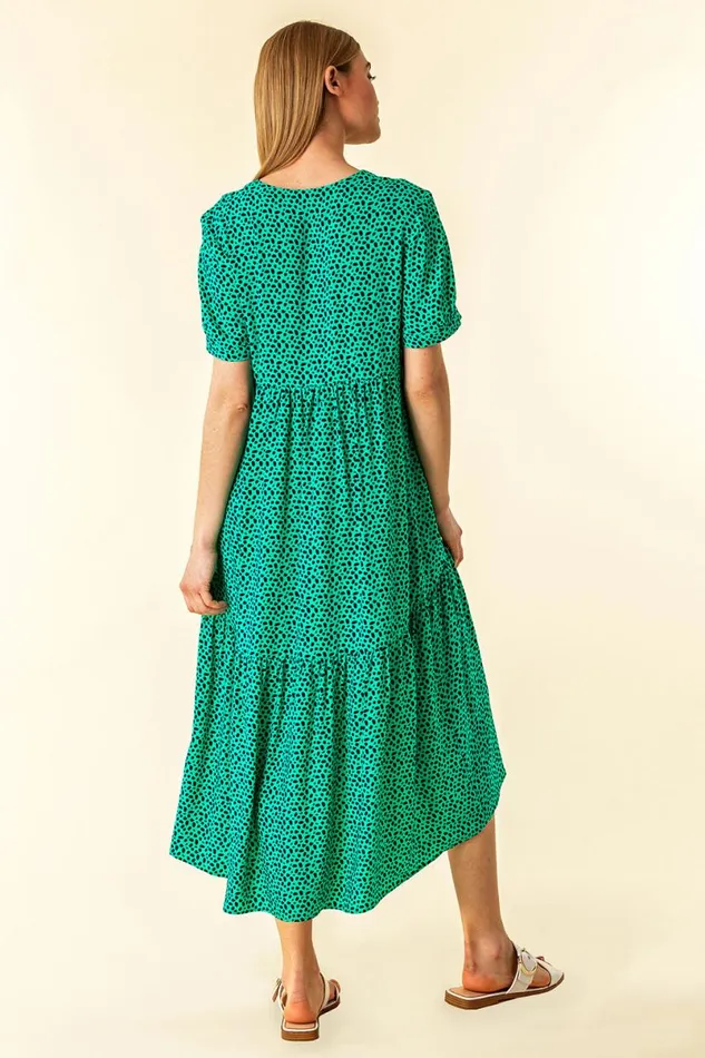 Green Spot Print Tiered Midi Dress Women Roman Dresses