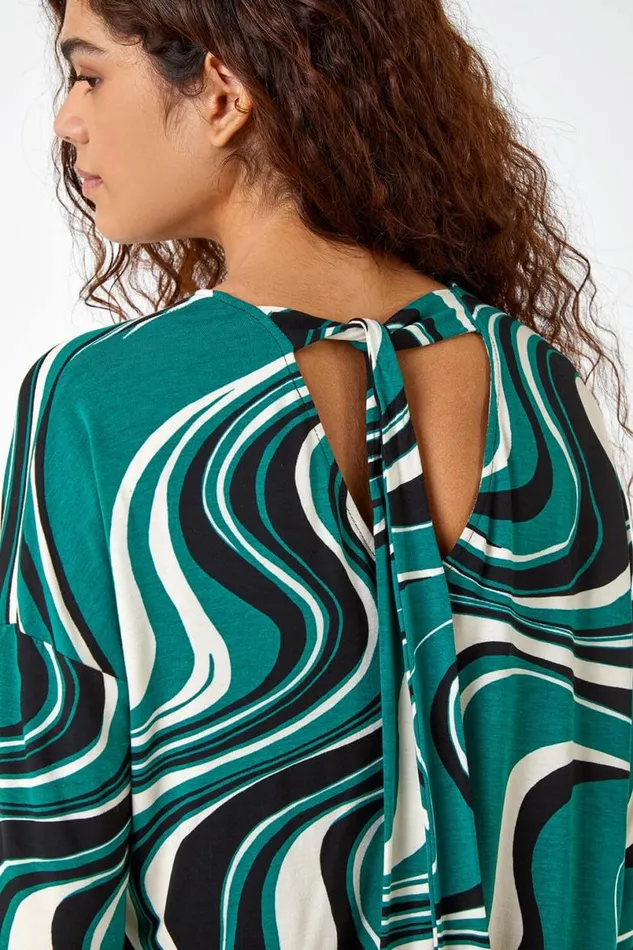 Green Swirl Print Tie Back Stretch Top Women Roman Tops