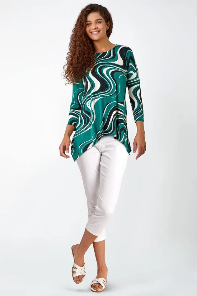 Green Swirl Print Tie Back Stretch Top Women Roman Tops