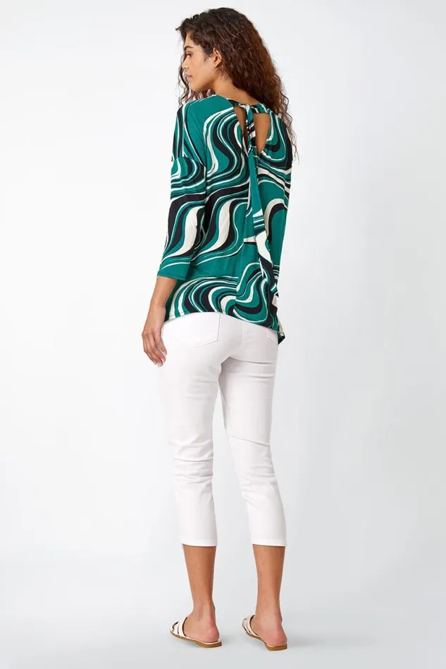 Green Swirl Print Tie Back Stretch Top Women Roman Tops