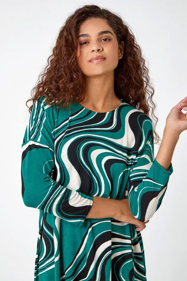 Green Swirl Print Tie Back Stretch Top Women Roman Tops