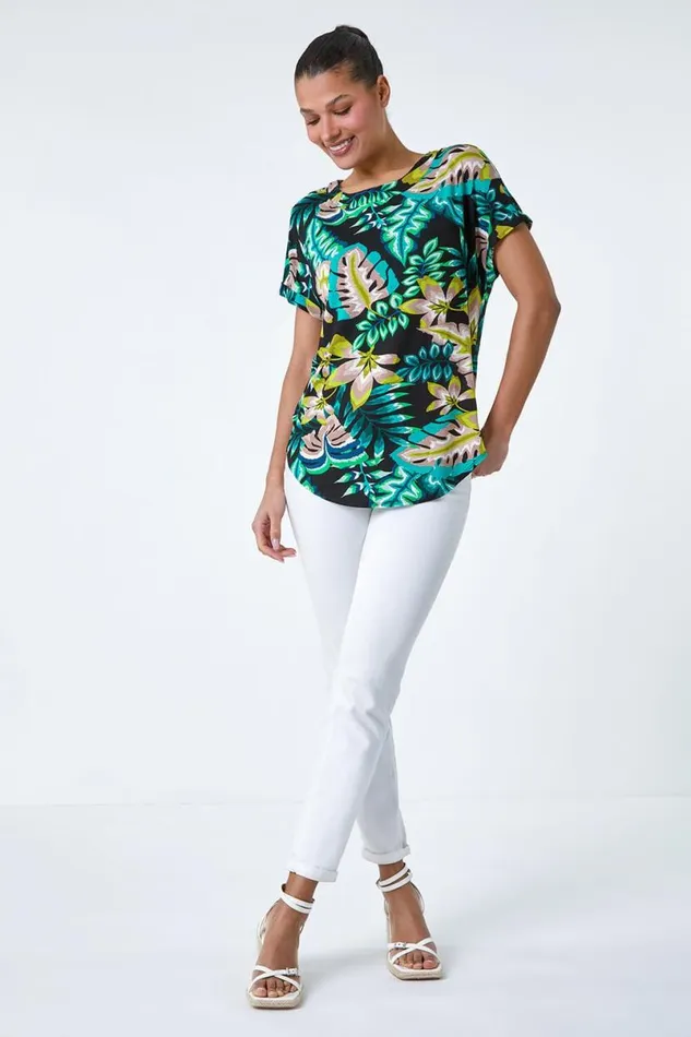 Green Tropical Leaf Print Stretch TShirt Women Roman Tops
