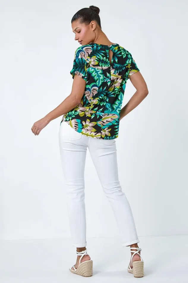 Green Tropical Leaf Print Stretch TShirt Women Roman Tops