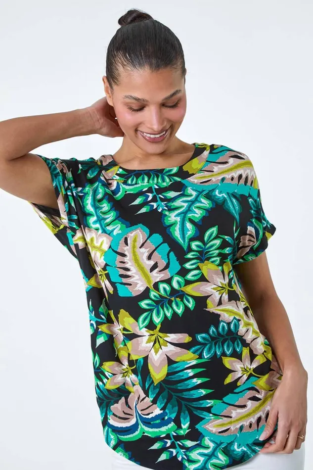 Green Tropical Leaf Print Stretch TShirt Women Roman Tops