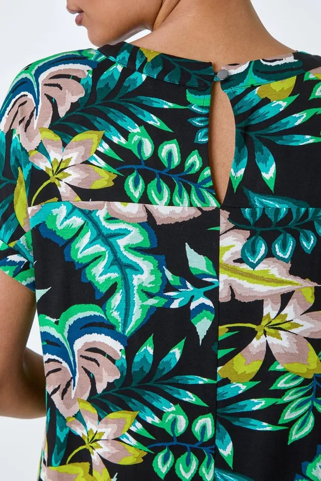 Green Tropical Leaf Print Stretch TShirt Women Roman Tops