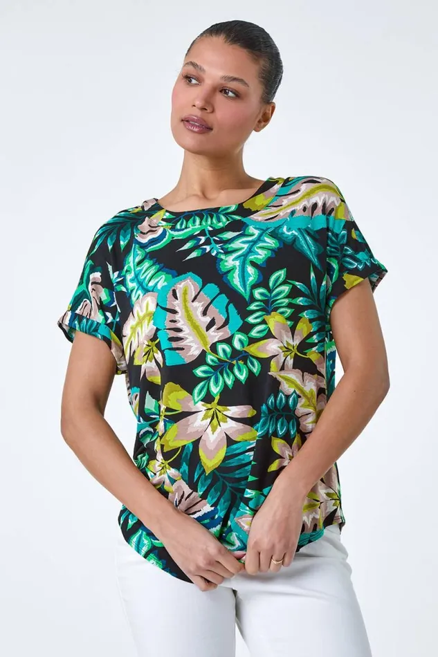 Green Tropical Leaf Print Stretch TShirt Women Roman Tops