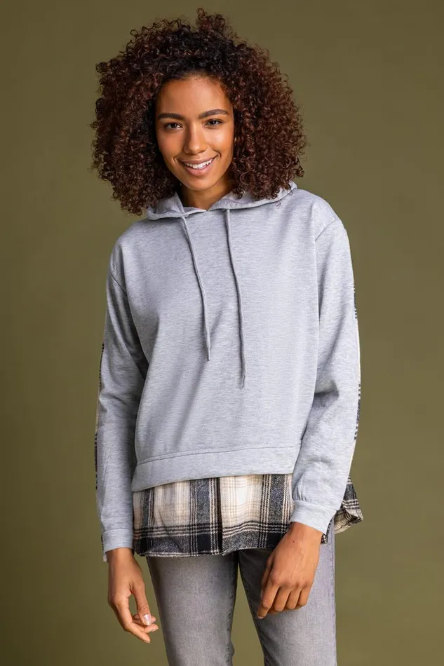 Grey Contrast Check Print Hoodie Women Roman Tops