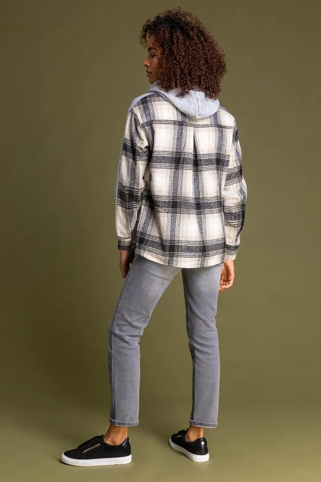 Grey Contrast Check Print Hoodie Women Roman Tops