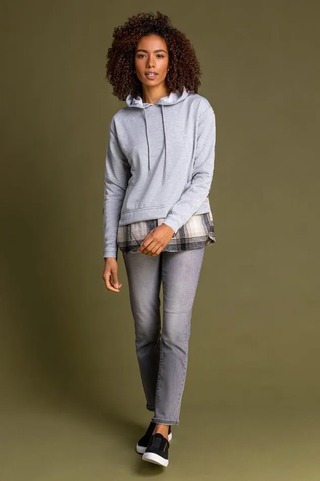 Grey Contrast Check Print Hoodie Women Roman Tops
