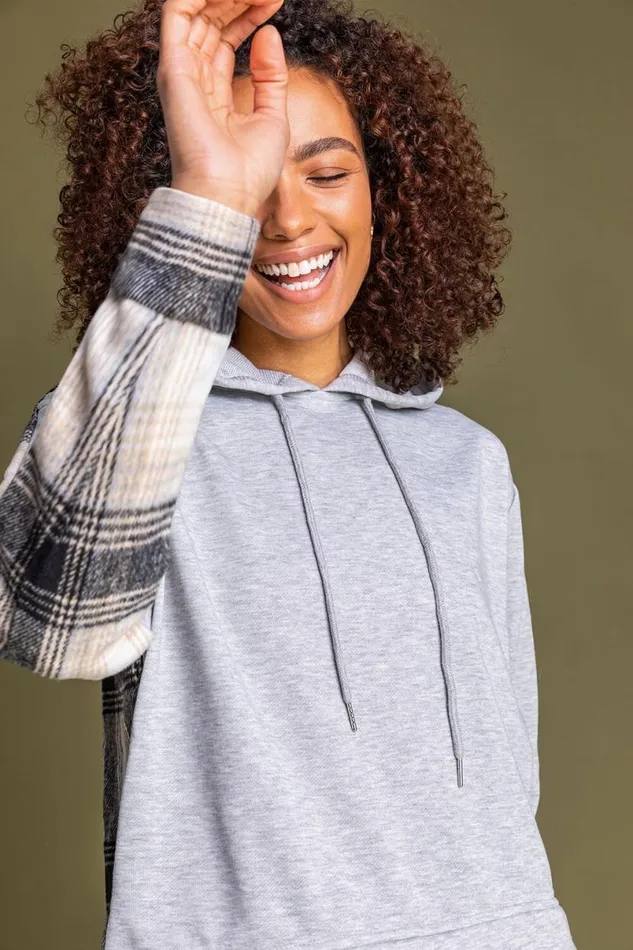 Grey Contrast Check Print Hoodie Women Roman Tops