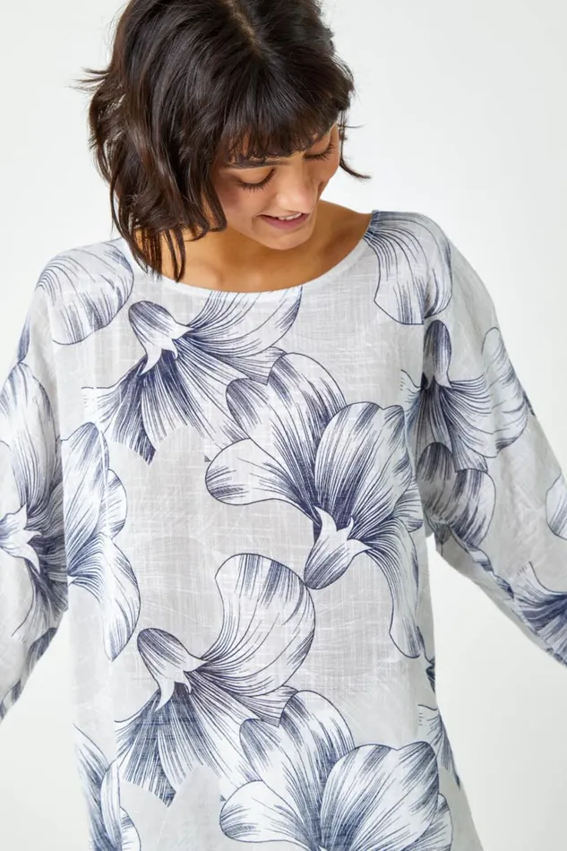 Grey Floral Print Cotton Tunic Top Women Roman Tops
