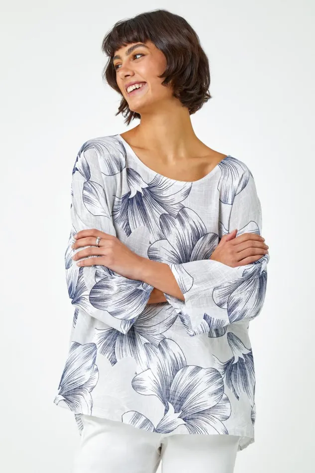 Grey Floral Print Cotton Tunic Top Women Roman Tops