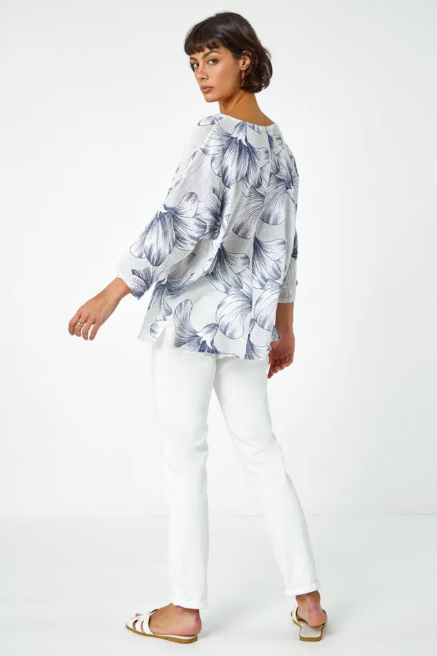 Grey Floral Print Cotton Tunic Top Women Roman Tops
