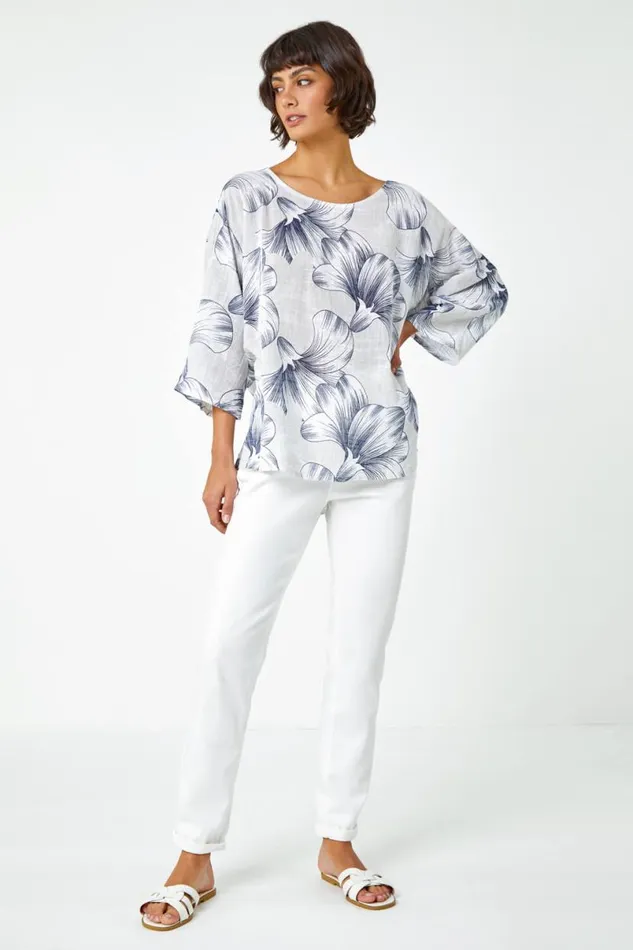 Grey Floral Print Cotton Tunic Top Women Roman Tops