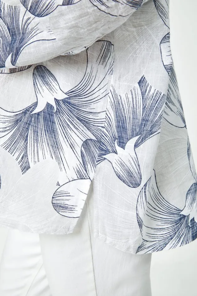 Grey Floral Print Cotton Tunic Top Women Roman Tops
