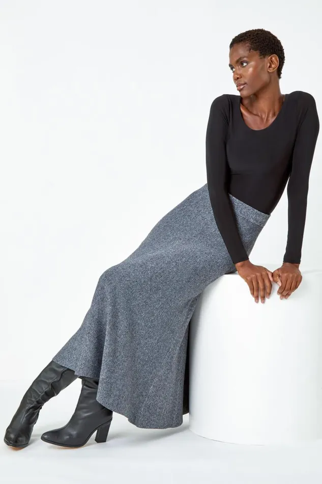Grey Knitted Elastic Waist A Line Midi Skirt Women Roman Occasionwear