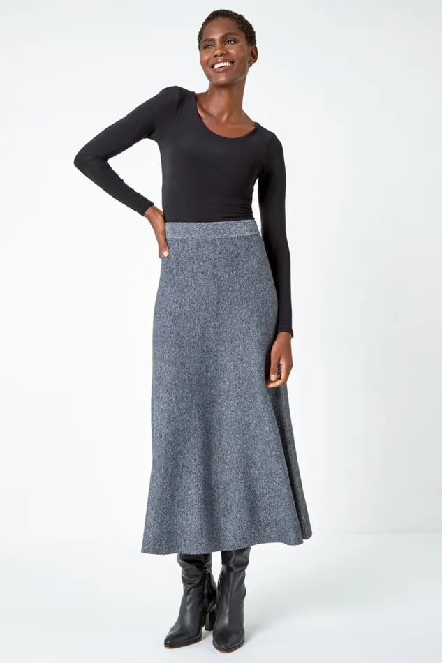 Grey Knitted Elastic Waist A Line Midi Skirt Women Roman Occasionwear