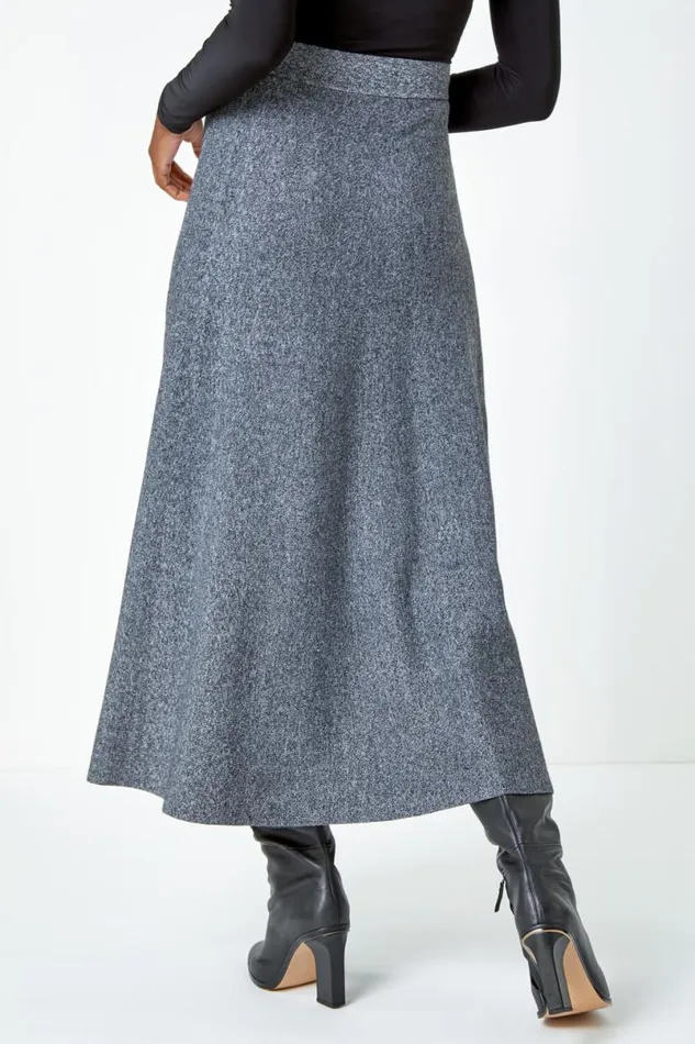 Grey Knitted Elastic Waist A Line Midi Skirt Women Roman Occasionwear