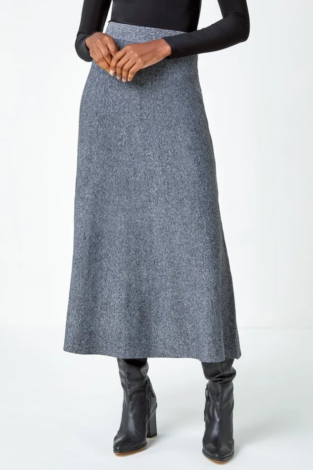 Grey Knitted Elastic Waist A Line Midi Skirt Women Roman Occasionwear