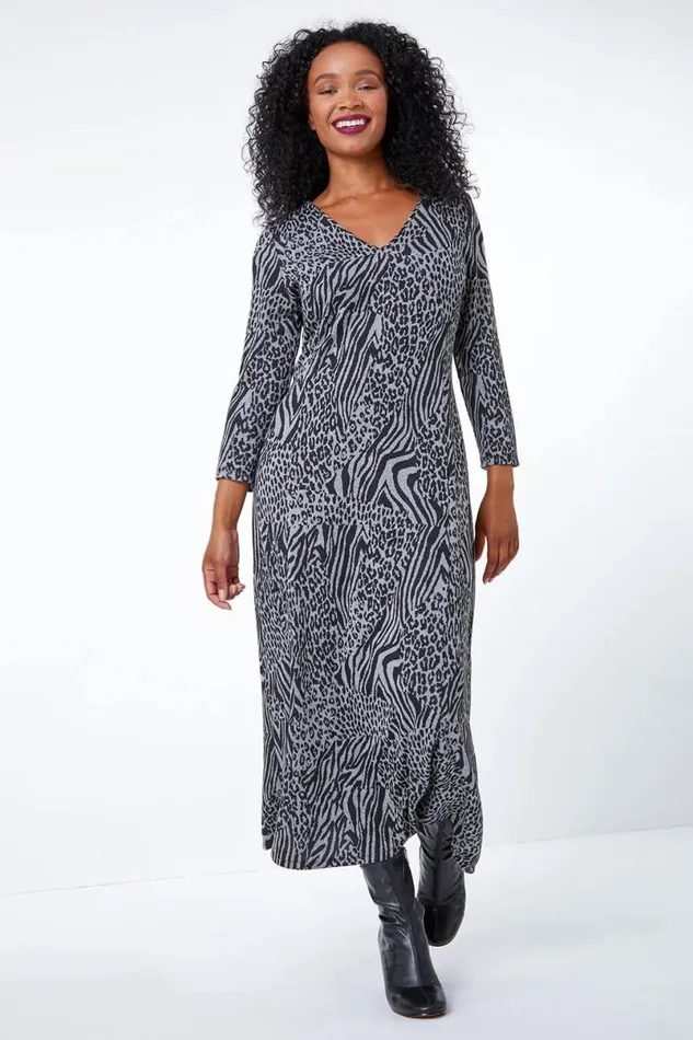 Grey Petite Animal Print Midi Dress Women Roman Dresses