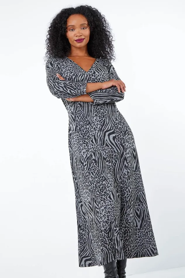 Grey Petite Animal Print Midi Dress Women Roman Dresses