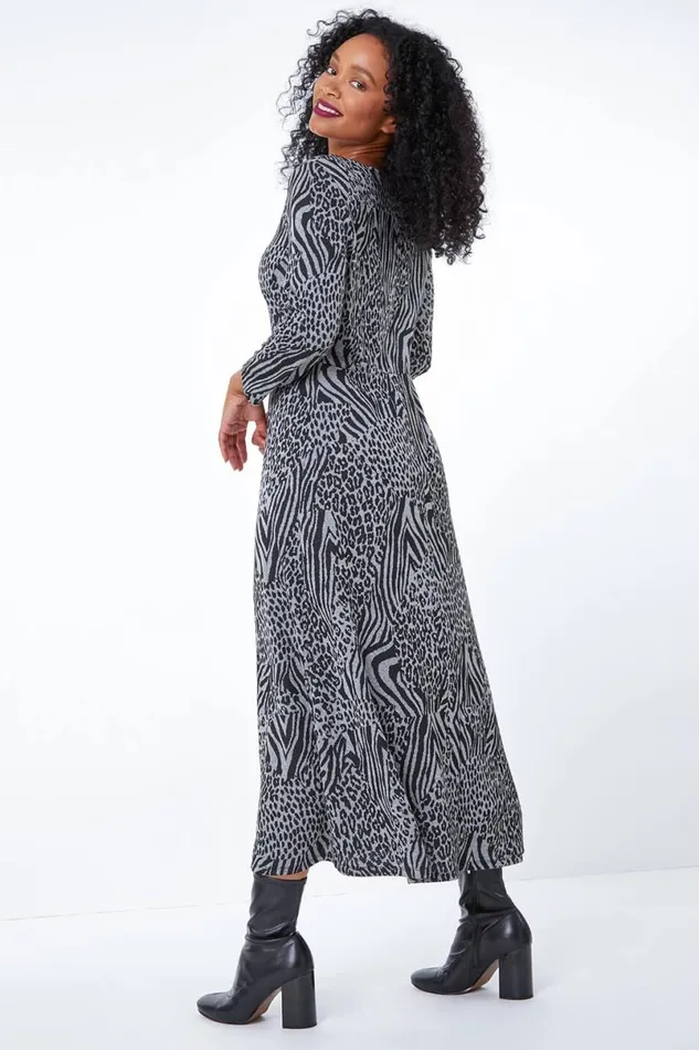 Grey Petite Animal Print Midi Dress Women Roman Dresses