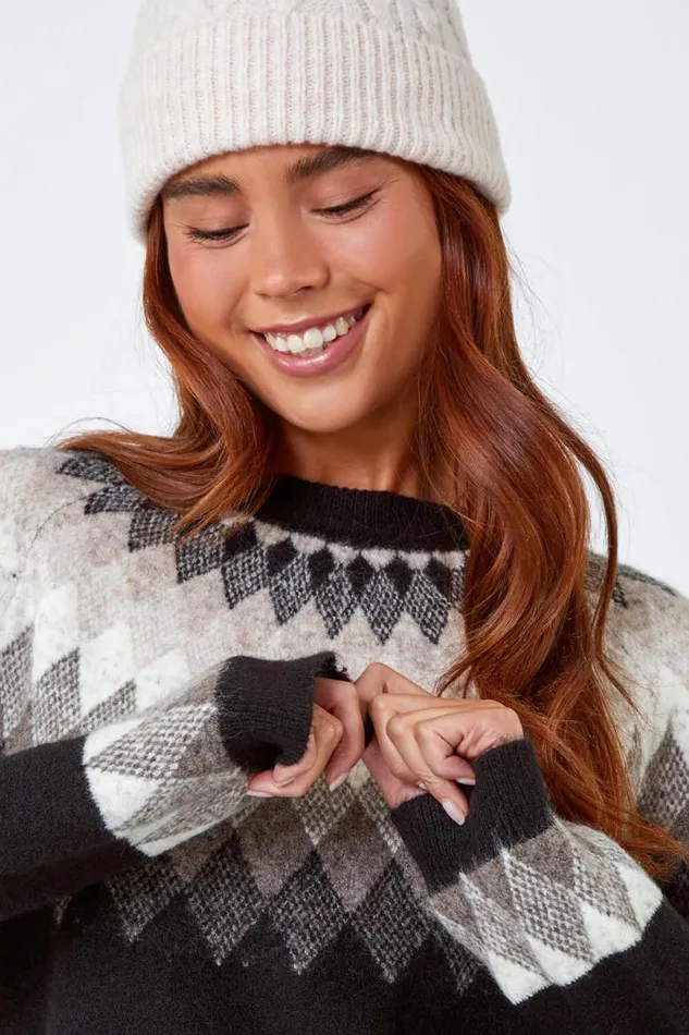 Grey Petite Diamond Print Jumper Women Roman Knitwear